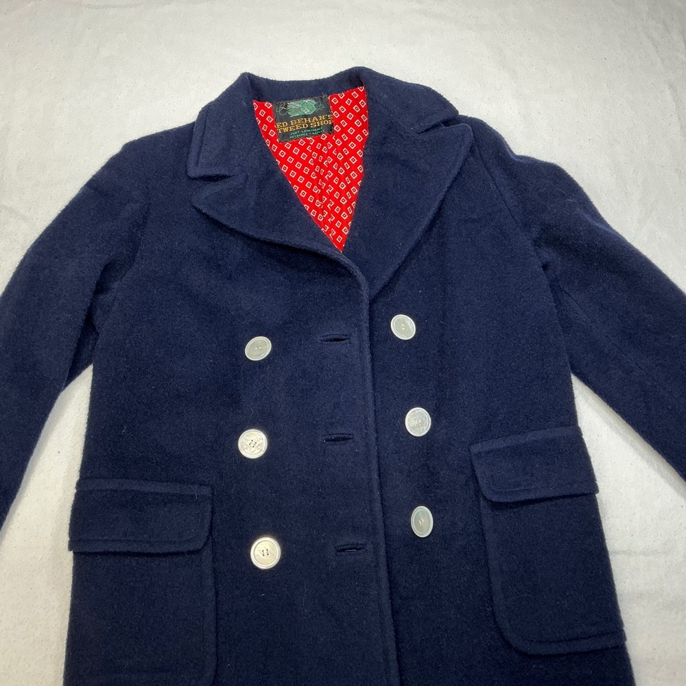 Ed Behans Tweed Shop Navy Double Breasted‎ Wool Blend Coat Red Lining Women